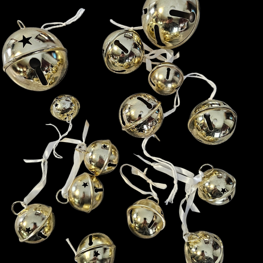 Vintage Gold Jingle Bells with Stars And White Ribbons